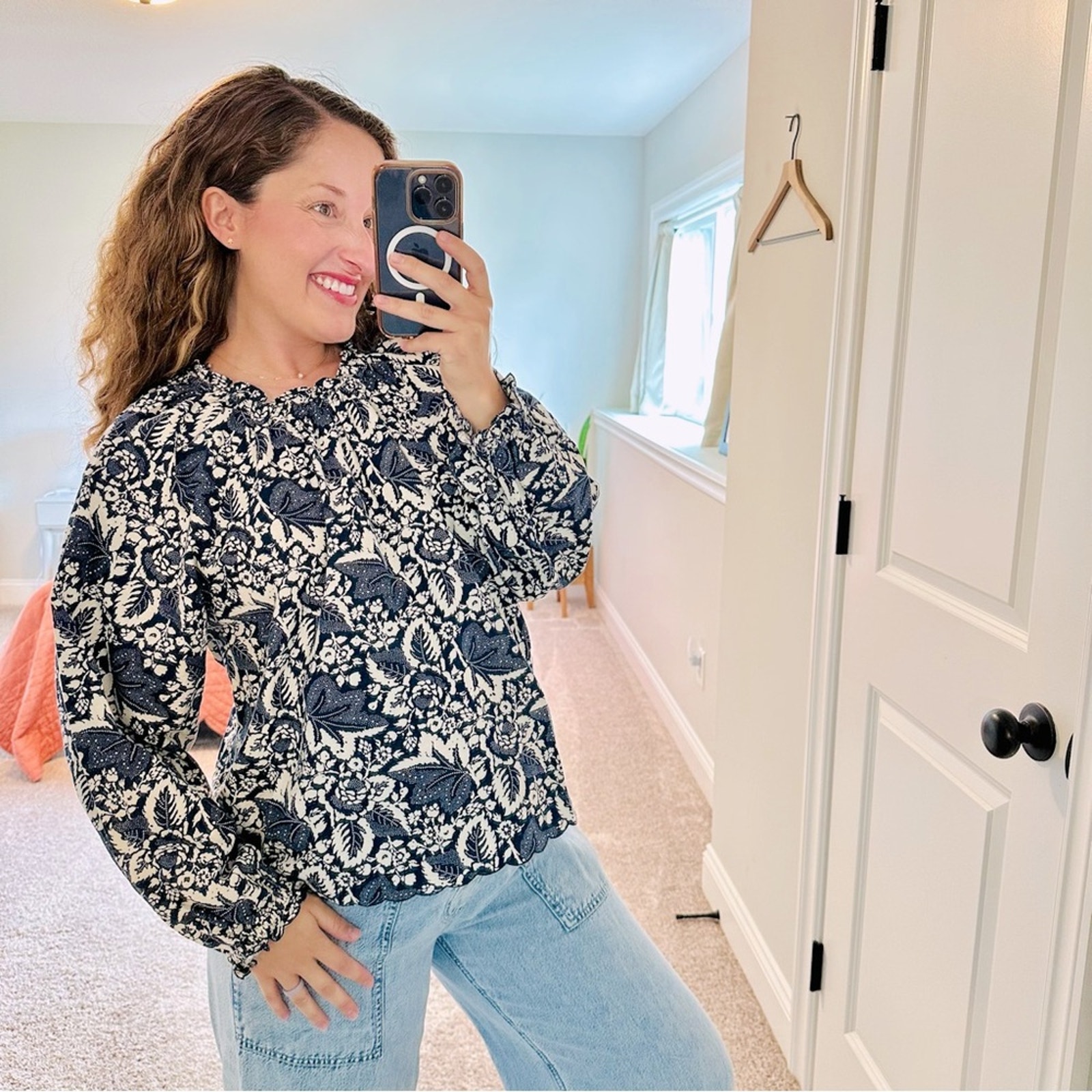 The Great. Navy Blue Cream Leaf Floral Cotton Linen Blouse Top 1 Small